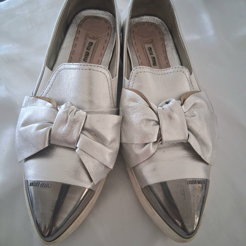 Miu Miu Silver Leather Bow Loafers with Metallic Cap Toes